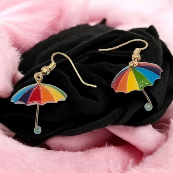 Colorful Umbrella Earrings Gold Dangle Rainy Day Shiny Acrylic Pearl Casual New - Picture 4 of 6